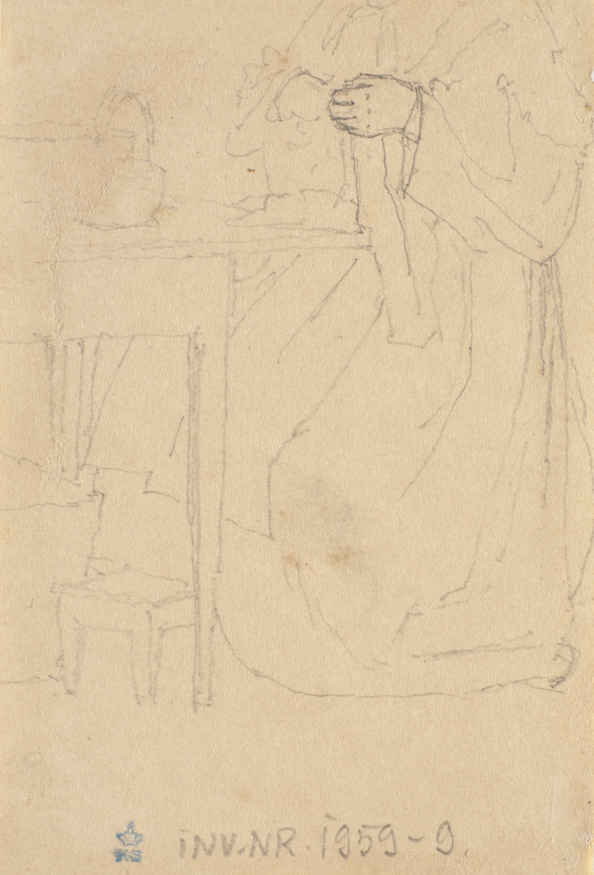 Fragment af siddende kvinde med håndarbejde